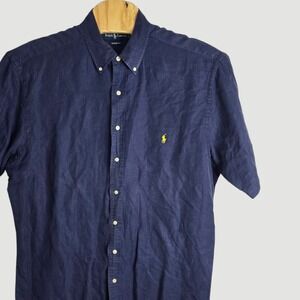 Ralph Lauren Classic Fit Short Sleeve Linen Silk Blend Button Down Size XLT Navy